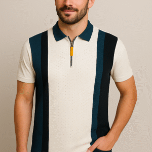 Blue and Black striped white Polo