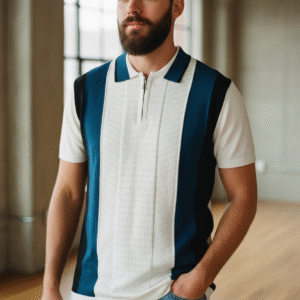Blue and Black striped white Polo